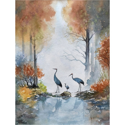 Żurawie w porannej mgle, Akwarela 24 x 32 cm, Joanna Tomczyk, obrazy akwarela