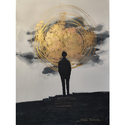 Beata Rudecka - obrazy akwarela - Akwarela pt: Burza Myśli. 23x30,5cm Oryginał Postać, spojrzenie przed siebie foto #2