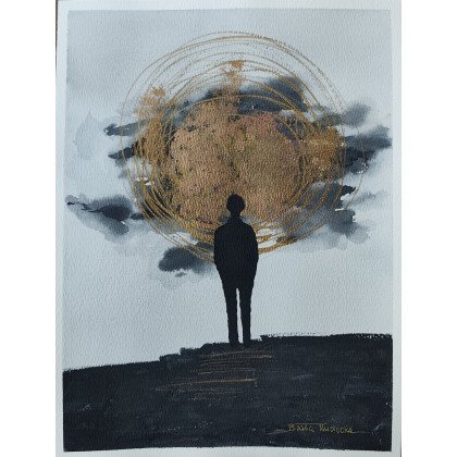 Beata Rudecka - obrazy akwarela - Akwarela pt: Burza Myśli. 23x30,5cm Oryginał Postać, spojrzenie przed siebie foto #4