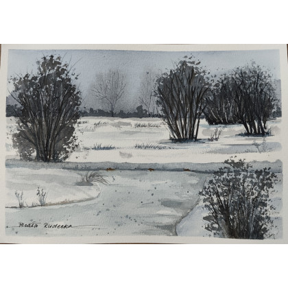 Beata Rudecka - obrazy akwarela - Oryginalny obraz akwarelowy pt: Zimowe milczenie. 19x27 cm, unikat foto #2