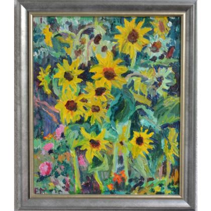 Słoneczniki w ogrodzie, Elżbieta Marzan, obrazy olejne