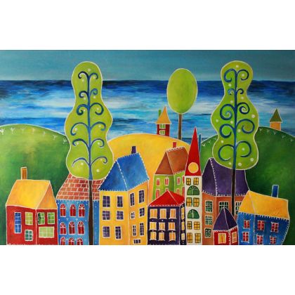 Kolorowe miasteczko nad morzem, Sara Mondrian, obrazy olejne