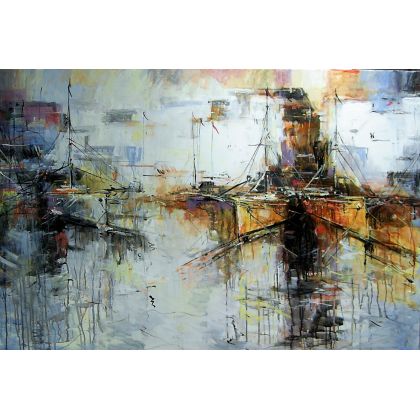 Stary port i łodzie......, Dariusz Grajek, olej + akryl