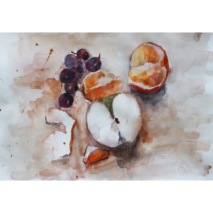 Połówka jabłka i mandarynka, Kateryna Honcharenko, obrazy akwarela