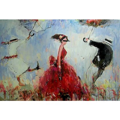 Dama i parasole..., Dariusz Grajek, olej + akryl