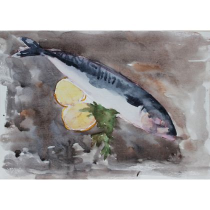 Ryba z cytryną, Kateryna Honcharenko, obrazy akwarela