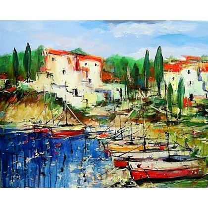 Łodzie w Port Lligat...., Dariusz Grajek, olej + akryl