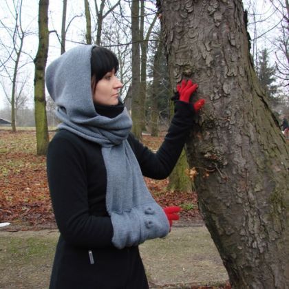 halo-pracownia - czapki - szalokaptur z mufką popielaty foto #1