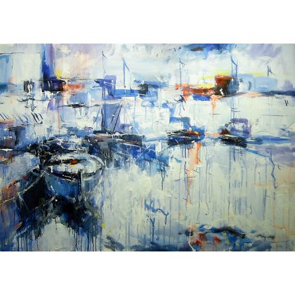 Błękitny port..., Dariusz Grajek, olej + akryl