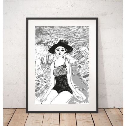 biało-czarny plakat  kobieta na plaży, Anna Skowronek, plakaty