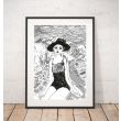 biało-czarny plakat  kobieta na plaży