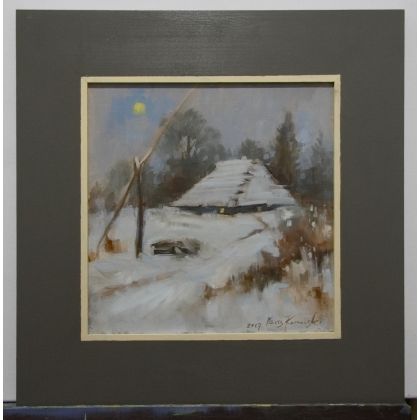 Pejzaż zimowy z żurawiem, Mariusz Komorowski, obrazy olejne