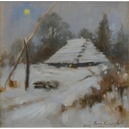 Mariusz Komorowski - obrazy olejne - Pejzaż zimowy z żurawiem foto #1
