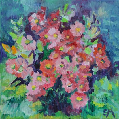 różowe kwiaty, Elżbieta Marzan, obrazy olejne