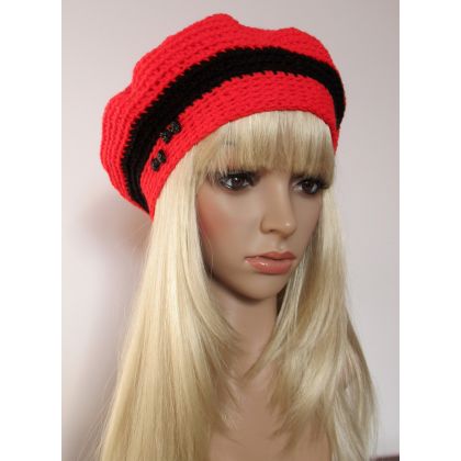 Czerwono-czarny ozdobny beret z kokardka, Moon Light, czapki