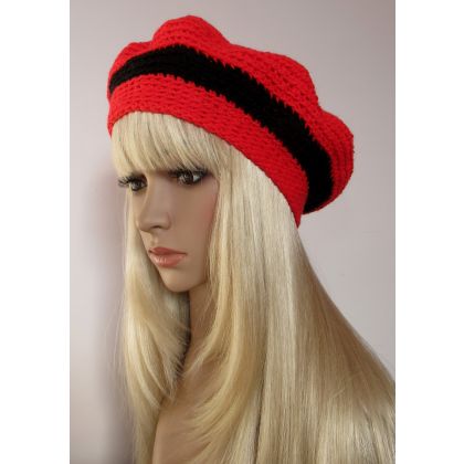 Moon Light - czapki - Czerwono-czarny ozdobny beret z kokardka foto #1