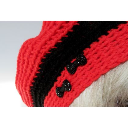 Moon Light - czapki - Czerwono-czarny ozdobny beret z kokardka foto #2