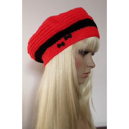 Moon Light - czapki - Czerwono-czarny ozdobny beret z kokardka foto #3