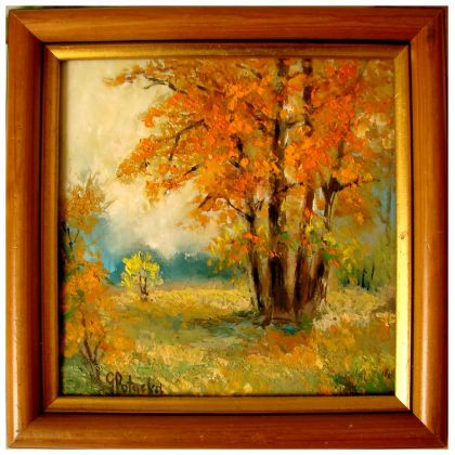 Jesienny pejzaż  na płycie w ramie 26,, Grażyna Potocka, obrazy olejne