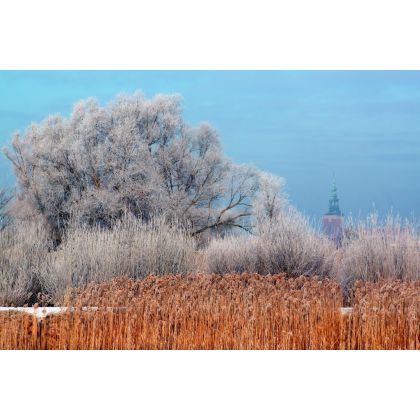 Pejzaż zimowy z wieżą kościoła., Dariusz Żabiński, fotografia artystyczna