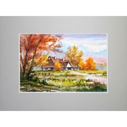 Pejzaż jesienny. Wiejska chata, Danuta Rydygier, obrazy akwarela