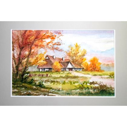 Danuta Rydygier - obrazy akwarela - Pejzaż jesienny. Wiejska chata foto #1