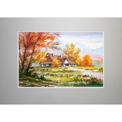 Danuta Rydygier - obrazy akwarela - Pejzaż jesienny. Wiejska chata foto #2