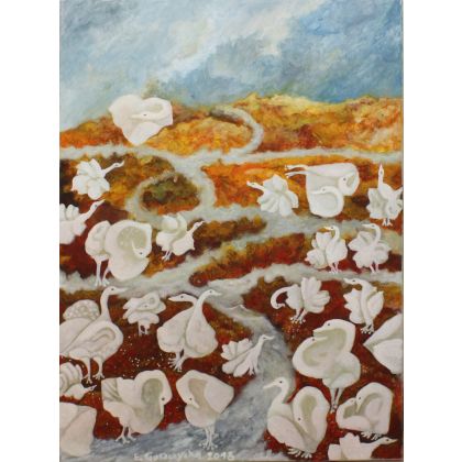 Pejzaż z ptakami, Elżbieta Goszczycka, obrazy olejne