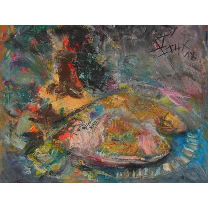Pieczone karasie, 50x60 cm, 2018, Eryk Maler, obrazy olejne