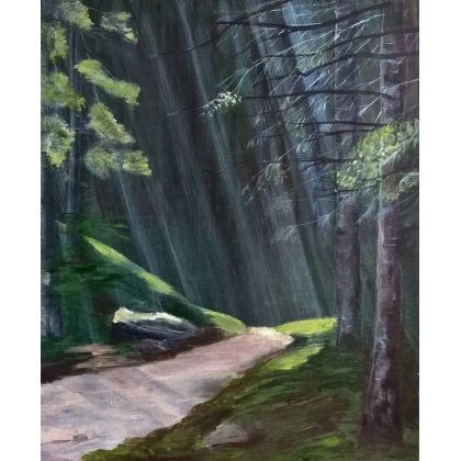 W lesie, promienie słońca., Bogumiła Szufnara, obrazy akryl