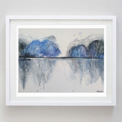 Pejzaż z  niebieskimi drzewami, Paulina Lebida, obrazy akwarela