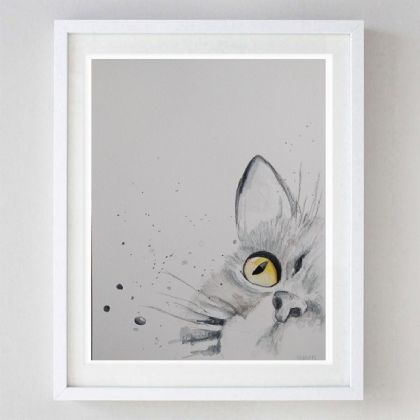 Szary kotek, Paulina Lebida, obrazy akwarela