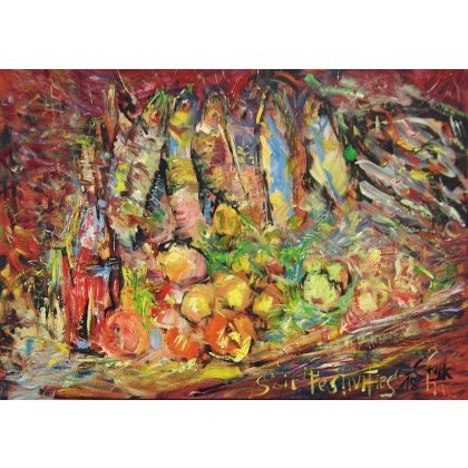 Ryby i wino - 70x100 cm, Eryk Maler, obrazy olejne