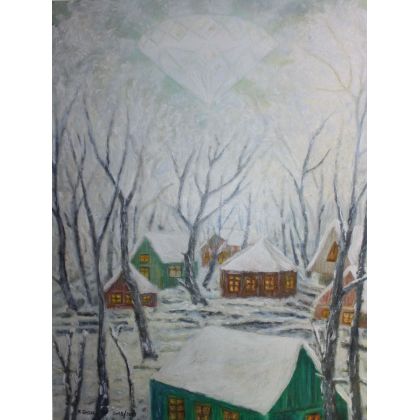 Delikatny obraz Pejzaż zimowy z diamentem, Elżbieta Goszczycka, obrazy olejne