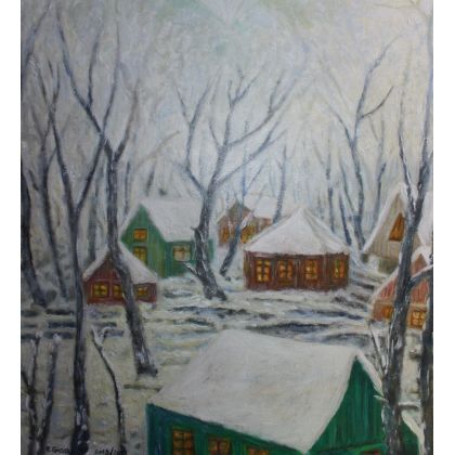Elżbieta Goszczycka - obrazy olejne - Delikatny obraz Pejzaż zimowy z diamentem foto #1