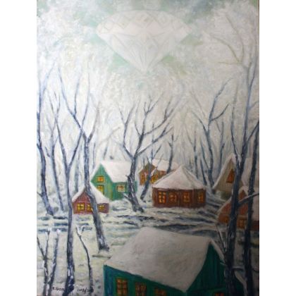 Elżbieta Goszczycka - obrazy olejne - Delikatny obraz Pejzaż zimowy z diamentem foto #3
