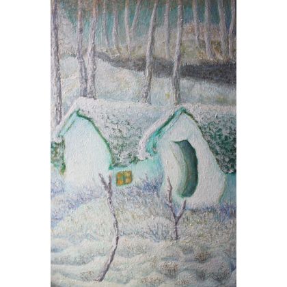 Luty - spokojny pejzaż zimowy z chatkami, Elżbieta Goszczycka, obrazy olejne