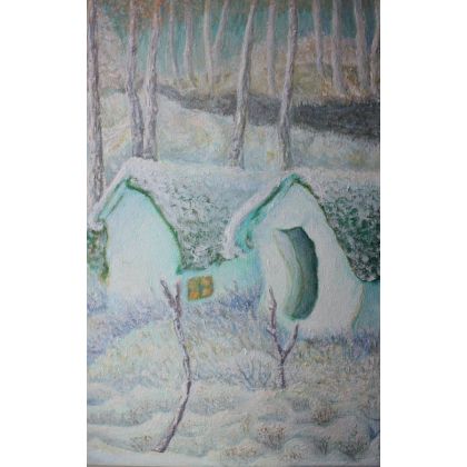 Elżbieta Goszczycka - obrazy olejne - Luty - spokojny pejzaż zimowy z chatkami foto #1