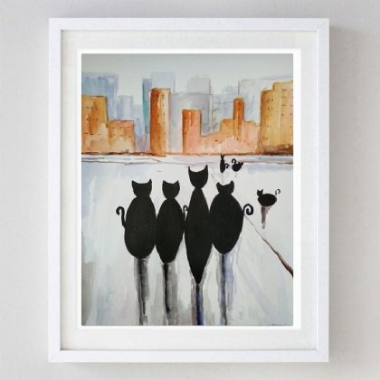 Miasto kotów, Paulina Lebida, obrazy akwarela