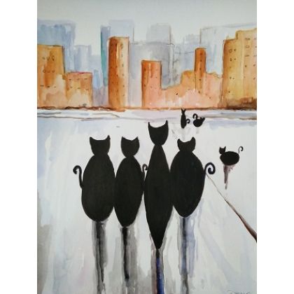 Paulina Lebida - obrazy akwarela - Miasto kotów foto #1