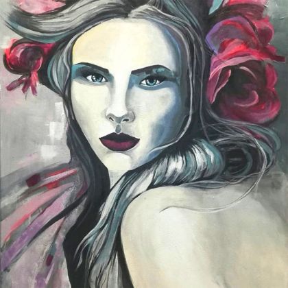 Kobieta z kwiatami, Iwona Jaworska, obrazy akryl