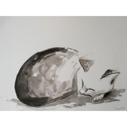 Śpiący kot -akwarela, Paulina Lebida, obrazy akwarela