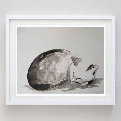 Paulina Lebida - obrazy akwarela - Śpiący kot -akwarela foto #1
