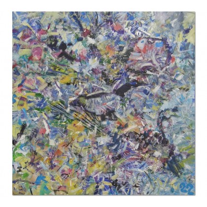 Gęsi, i abstrakcja, 100x100, 2022, Eryk Maler, obrazy olejne
