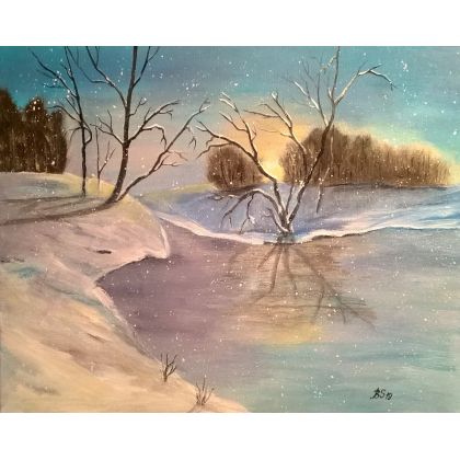 Zimowy wschód słońca., Bogumiła Szufnara, obrazy akryl