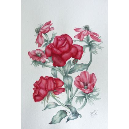 Róże i zawilce, Anna Klinger, obrazy akwarela