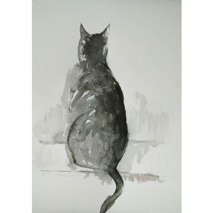 Zamyślony kot- obraz akwarela, Paulina Lebida, obrazy akryl