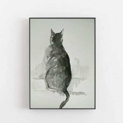 Paulina Lebida - obrazy akryl - Zamyślony kot- obraz akwarela foto #1