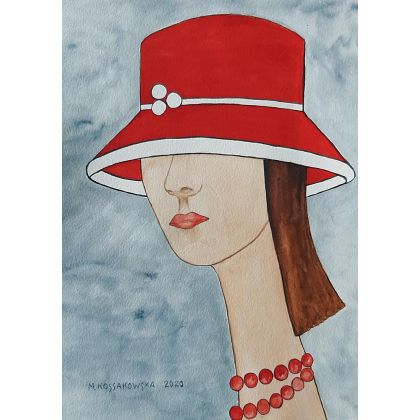 w czerwonym kapeluszu, Małgorzata Kossakowska, obrazy akwarela