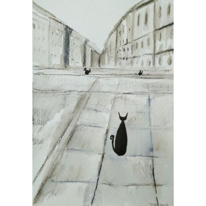 Paulina Lebida - obrazy akwarela - Miasteczko kotów -dwie akwarele foto #2